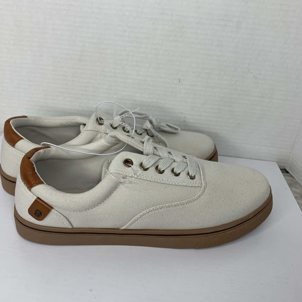 Lands End Mens Canvas Sneakers Cream White Brown Gum Sole Low Top Size 9.5